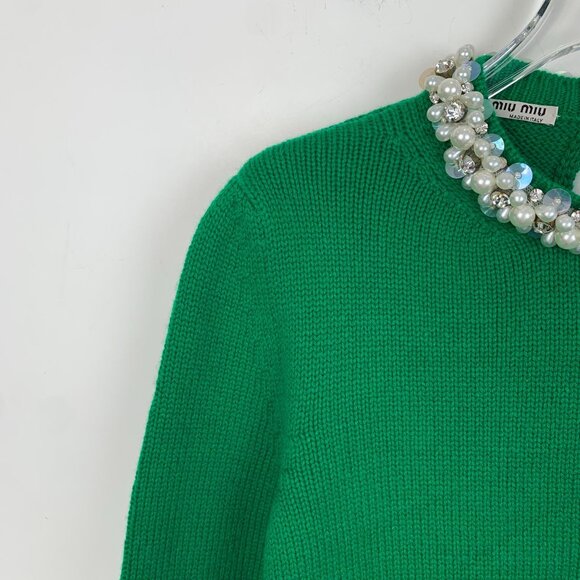 Miu Miu Green Beaded Cashmere Crew-Neck Long Sleeve Knit Sweater Size M Made In - Picture 2 of 7